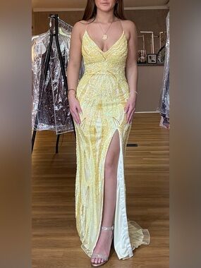 Yellow Beaded Spaghetti-Strap Evening Gown